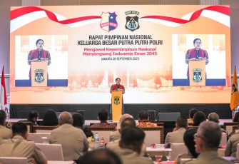 Ketua DPR RI Puan Maharani saat menghadiri Rapat Pimpinan Nasional KBPP Polri di Gedung Tribrata, Jakarta Selatan, Kamis (28/9/2023).