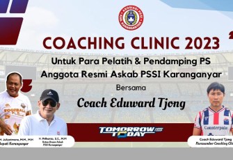 Poster kegiatan Coaching Clinic 2023 Askab PSSI Karanganyar.