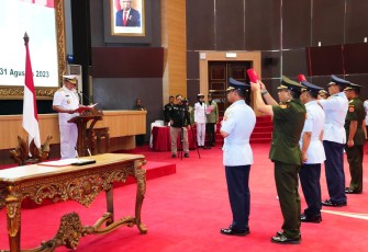 Panglima TNI Laksamana TNI Yudo Margono, S.E., M.M., saat Pimpin Sertijab Aslog dan Kapusada TNI serta Kenkat Pati TNI Rektor Unhandi Mabes TNI, Cilangkap, Jakarta Timur, Kamis (31/8/2023).
