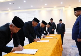 Menag Yaqut saat Lantik Empat Pejabat Keagamaan di Jakarta, Kamis, (29/2/2024).