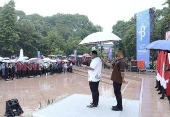 Menteri Agama Yaqut Cholil Qoumas saat memberikan amanah pada Apel HAB di Jakarta, Rabu (3/1/2024).
