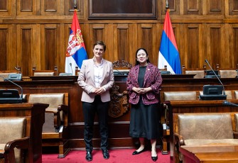 Ketua DPR RI Puan Maharani saat pertemuan bilateral dengan Ketua Majelis Nasional Serbia, Ana Brnabic di Gedung Parlemen Serbia yang berada di ibu kota negara, Belgrade, Senin (26/8/2024)