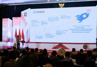 Menekraf memberikan paparan tentang ekonomi kreatif sebagai mesin baru ekonomi national yang dimulai dari daerah saat menghadiri MUNRESBANG (Musyawarah Perencanaan Pembangunan) Provinsi Jawa Timur di Hotel Shangri-La, Surabaya (29/04/25)