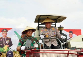  Irwasum Polri Komjen Pol. Dedi Prasetyo dan Wakil Menteri Pertanian (Wamentan) Sudaryono mempimpin panen raya jagung secara serentak pada Tahap 1 di Desa Bulu, Pilangkenceng, Kabupaten Madiun Jawa Timur, Rabu (26/2/2025)
